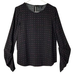 Club Monaco Black Pink Polka Dot Blouse S Button Crew Long Sleeve Pleat Detail